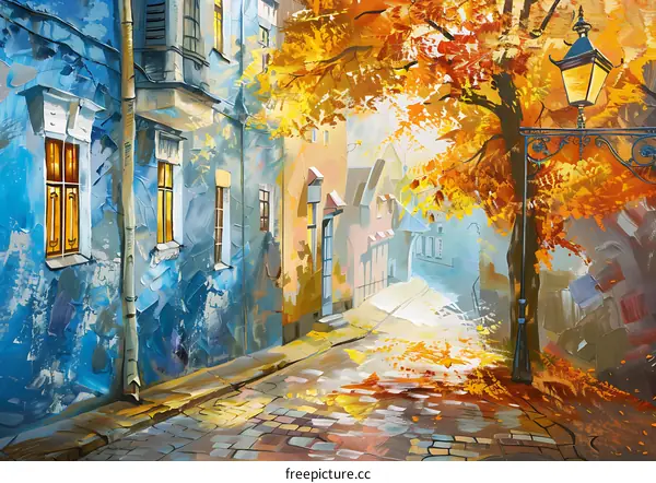 Autumn Street Scene with Cobblestone Road and Streetlight