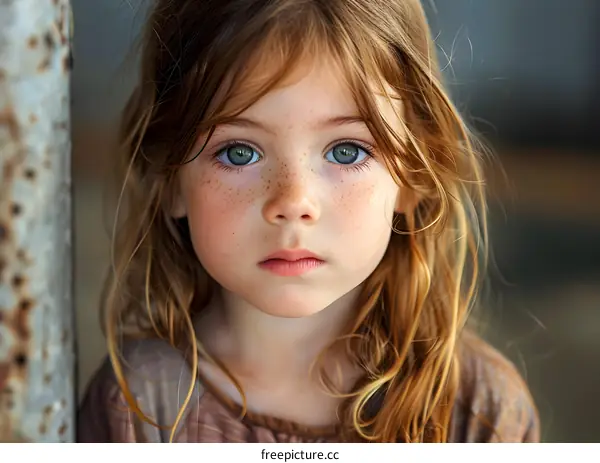 Portrait of a young girl with freckles and green eyes