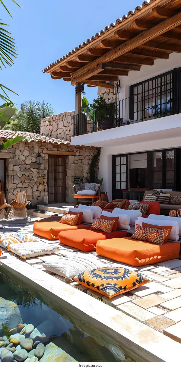 bohemian outdoor seating area with orange cushions