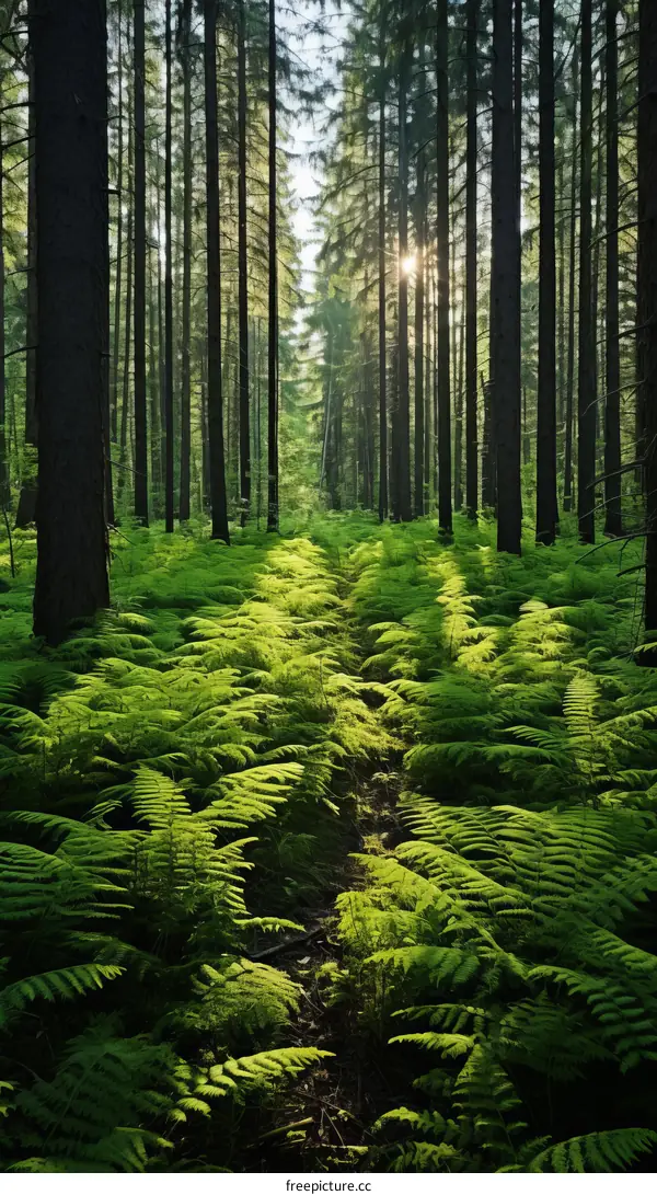 The sun shines through a dense green fern forest