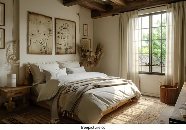 Spacious Bedroom with Large Bed, Window, and Rug
