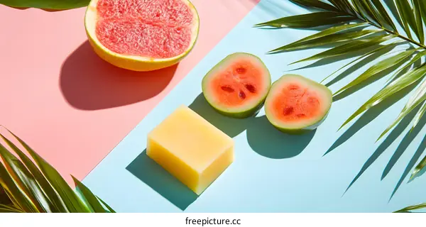 Summer Fruit and Palm Leaf Still Life