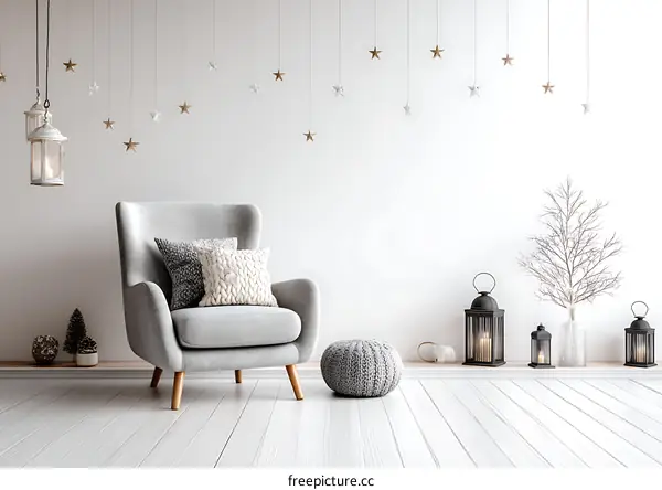 Cozy Winter Living Room Scene with Stars and Lanterns