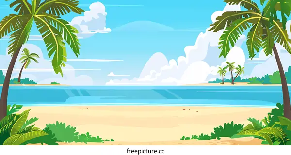 Tropical Beach with Palm Trees and Blue Sky