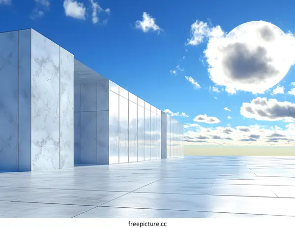 Minimalist Architectural Design with a Blue Sky and White Clouds