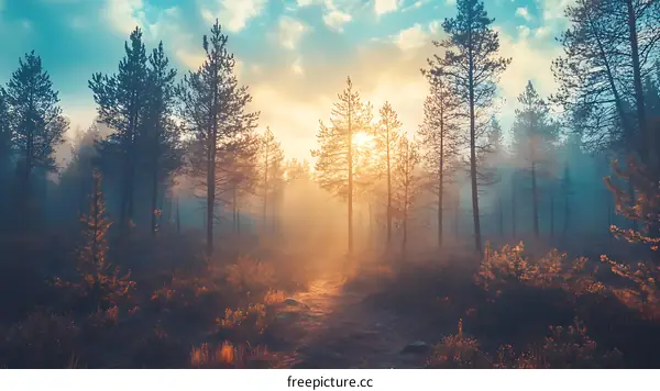 Sunbeams Shining Through The Fog In A Pine Forest