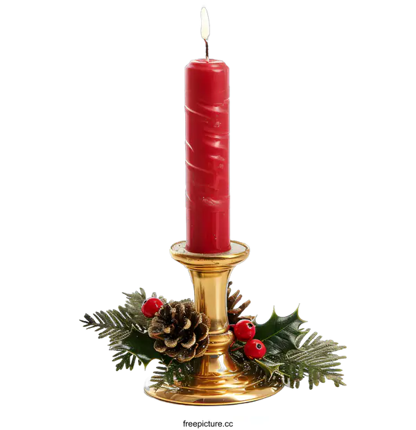 [Transparent Background PNG]Red Christmas Candle on Gold Candlestick