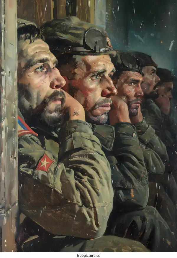 A group of soldiers staring out a window