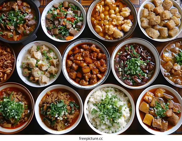 Delicious Chinese Food Dishes Arranged on a Wooden Table