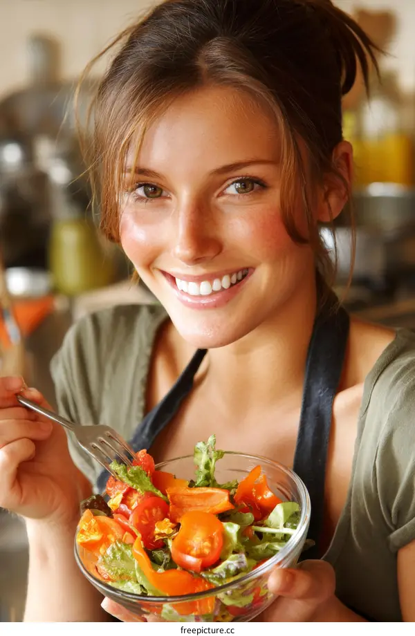 Woman Eating Healthy Salad in Kitchen