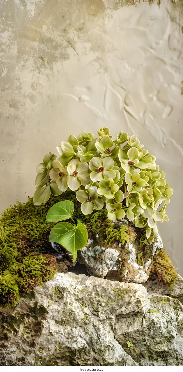 Green Flowers on a Rock with Moss