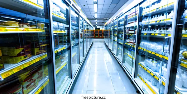 Refrigerated Aisle With Food Products in a Supermarket