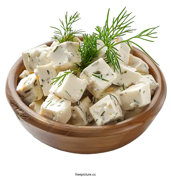 [Transparent Background PNG]Feta Cheese Cubes with Dill in a Wooden Bowl