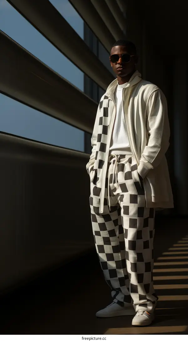 Black man wearing white and black checkered outfit