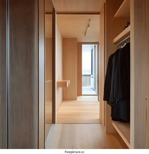 Modern Wooden Hallway with Closet and View