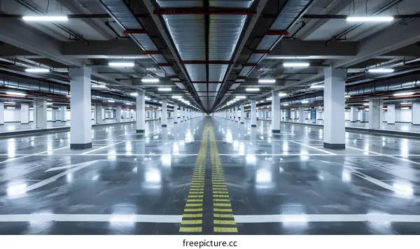 Empty Parking Garage Interior with Bright Lights