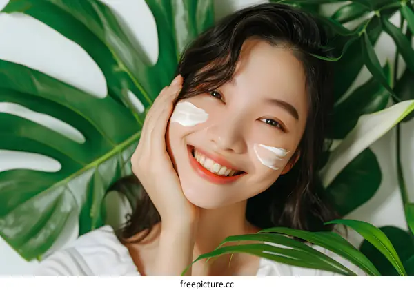 Smiling Asian Woman with Face Cream and Green Leaves