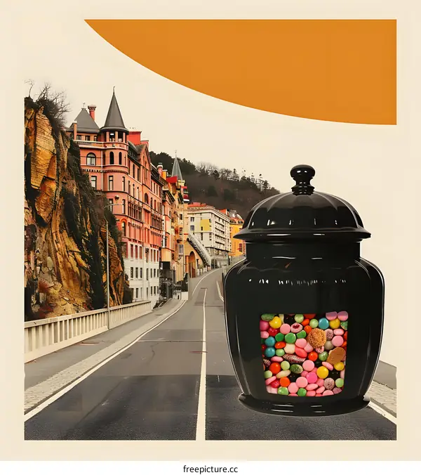 Black ceramic jar filled with colorful candies placed in the middle of a wide road with a city in the background