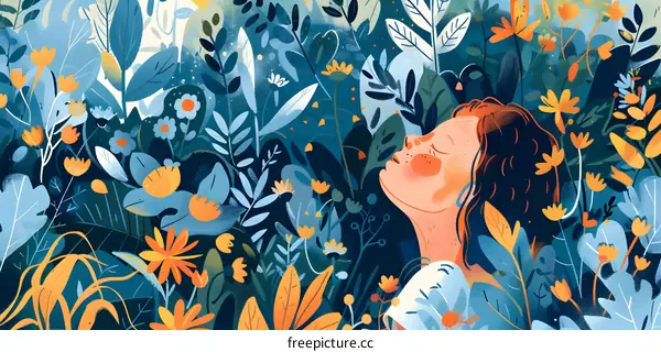 Woman Surrounded by Blue and Yellow Flowers