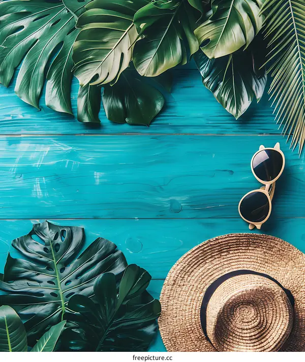 Tropical Leaves and Summer Accessories on Blue Wooden Background