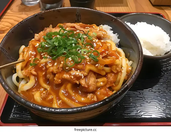 Bowl of Japanese Udon Noodles with Meat and Sesame Seeds