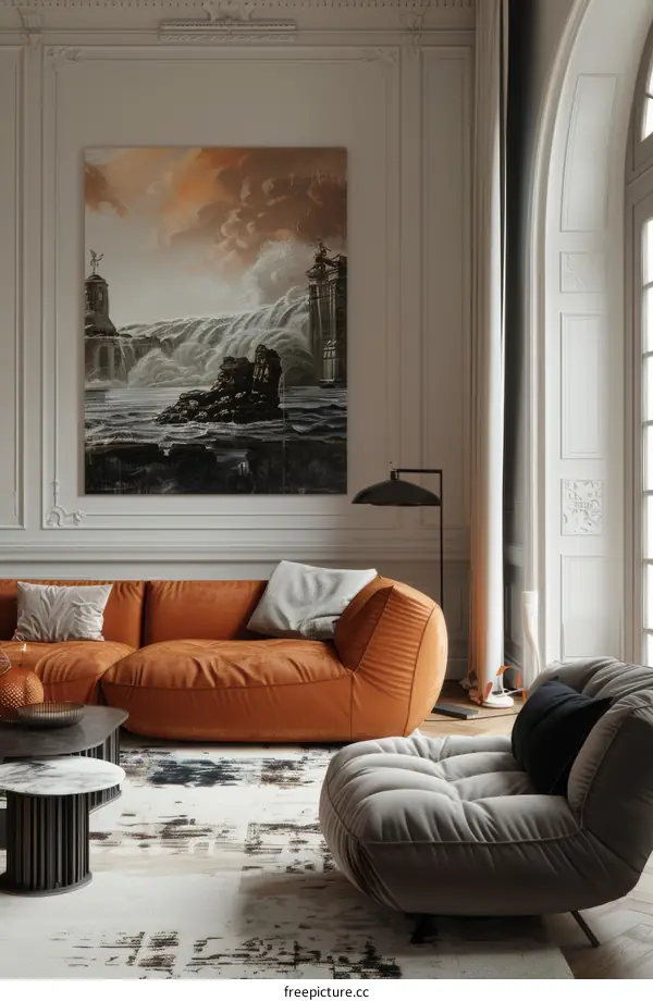 Modern living room with brown leather couch and painting