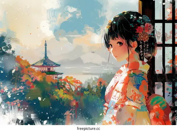 An illustration of a woman in a kimono standing in a traditional Japanese house, looking out at a beautiful landscape.