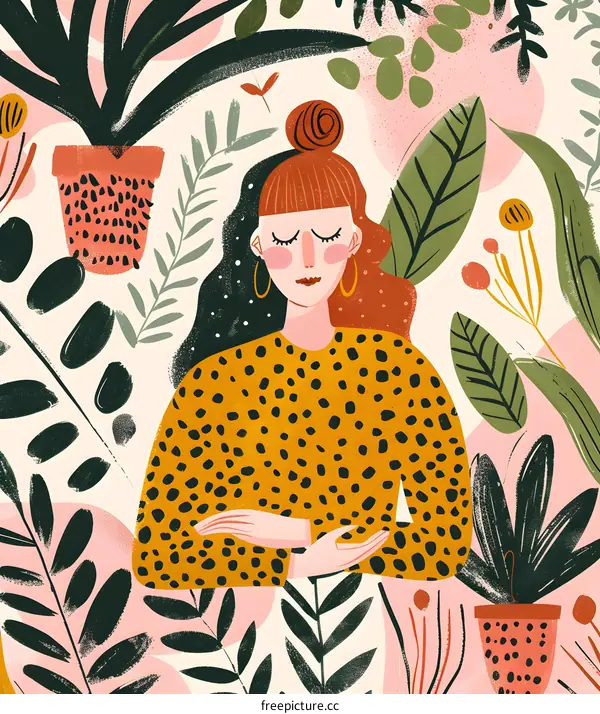 Woman With Closed Eyes Surrounded By Plants