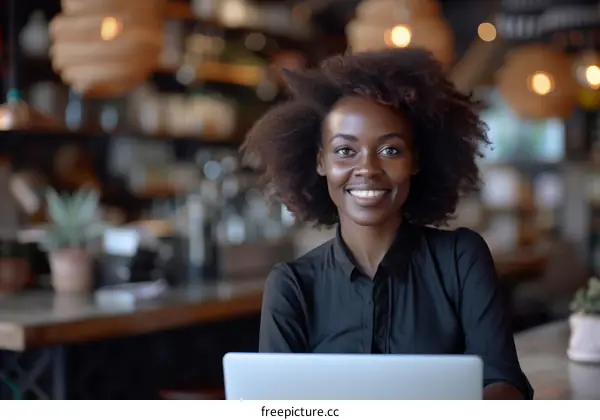 Portrait of a young African-American woman smiling in a cafe