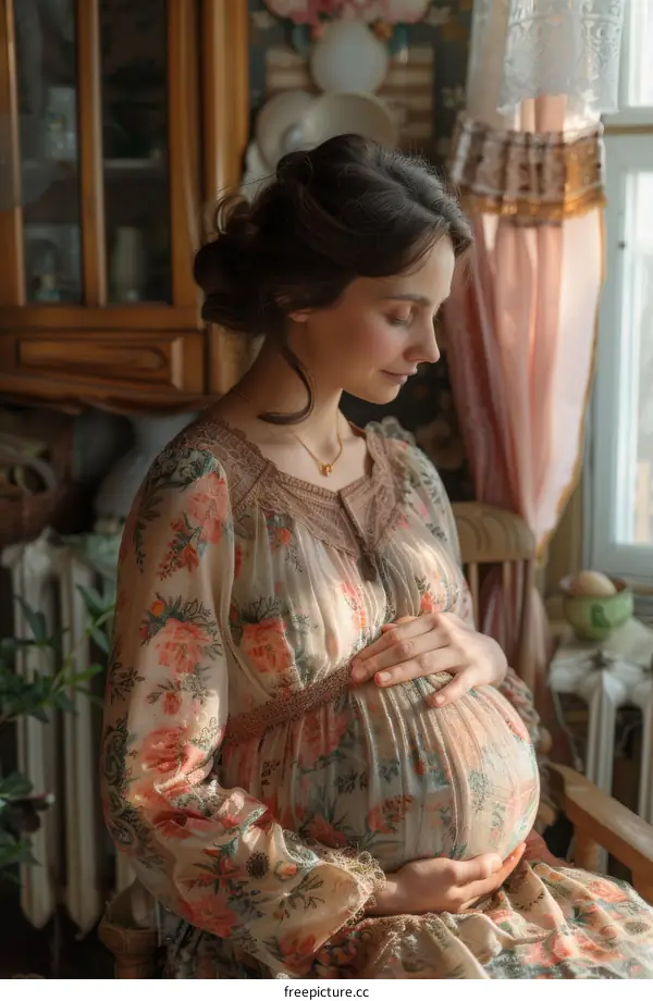 Pregnant Woman in Vintage Dress with Floral Print