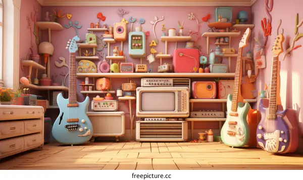 A room full of vintage electronics and guitars