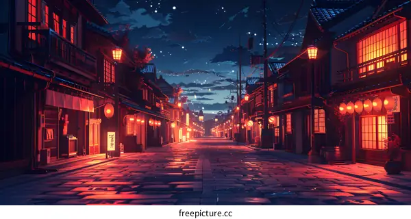 Night Street Scene in Japan with Red Lanterns and Stars