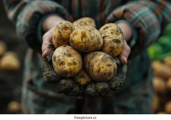 A farmer holding a handful of freshly harvested potatoes