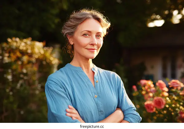Smiling Caucasian Woman Outdoors in Garden