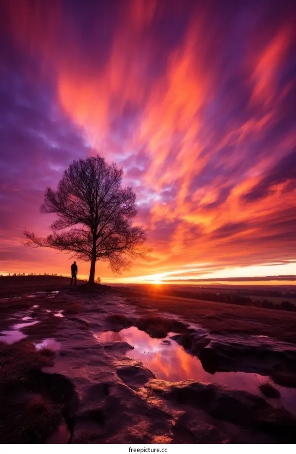 Man standing alone on a hilltop watching a vibrant sunset over the horizon