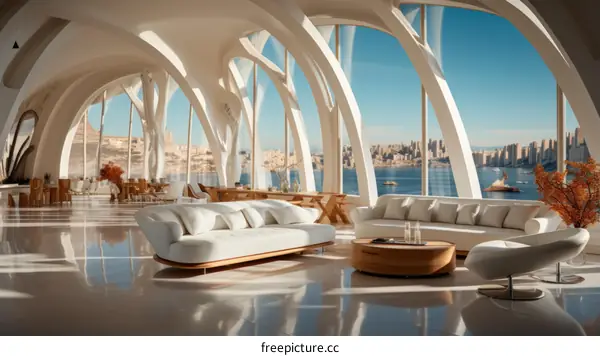 Modern interior space with large windows and curved white walls