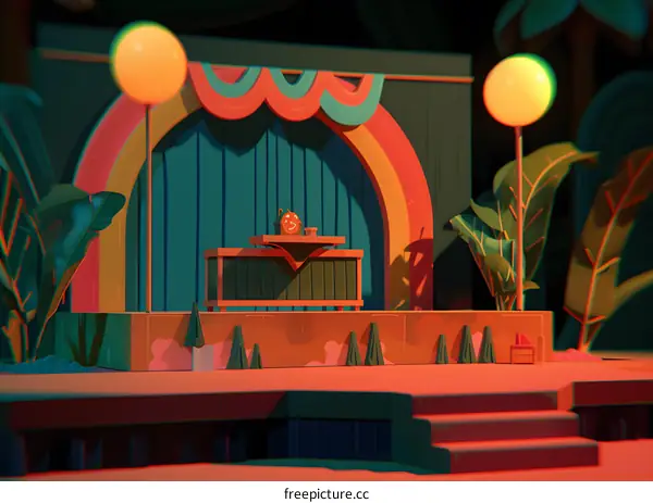 Low Poly Stage With Colorful Arch And Balloons