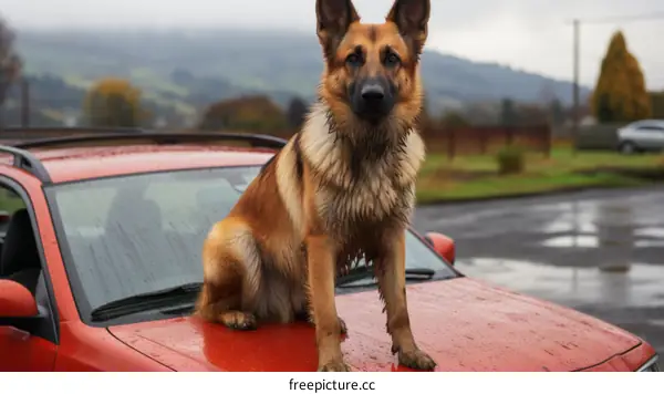 A German Shepherd dog sits on the hood of a red car