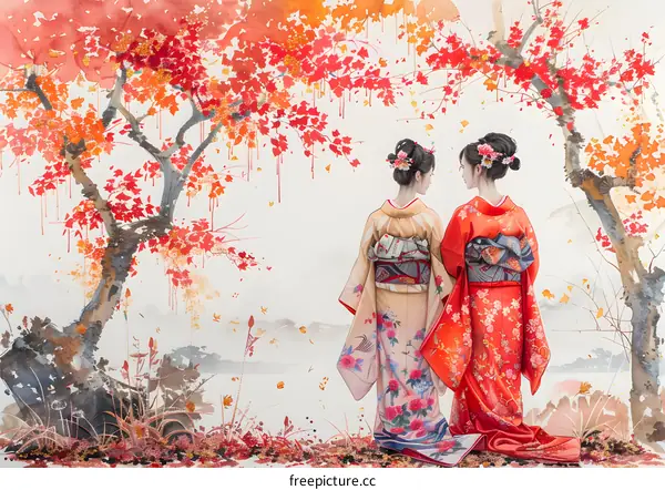 Two Japanese women in traditional kimonos standing in a field of red maple leaves