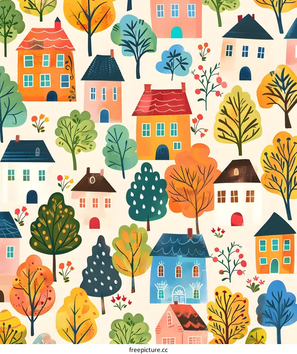 Colorful Houses And Trees Seamless Pattern