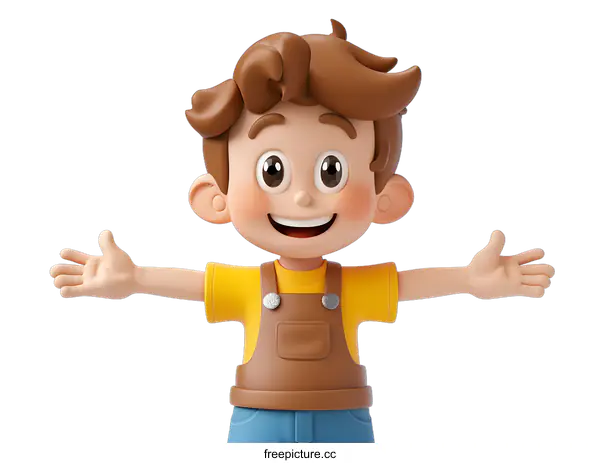 [Transparent Background PNG]3D cartoon character of a boy with brown hair and blue eyes, wearing a yellow shirt and brown overalls, with his arms outstretched
