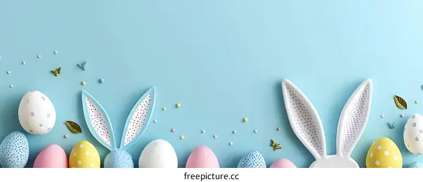 Colorful Easter Eggs and Rabbit Ears on a Light Blue Background