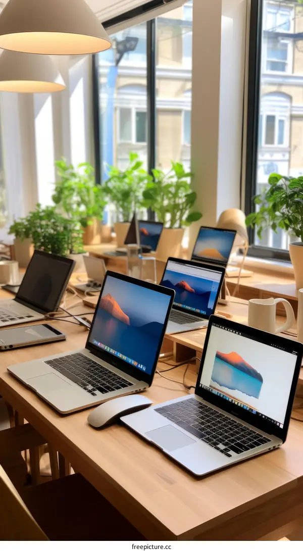 Modern and spacious office space with large windows and a long wooden table with many Apple laptops