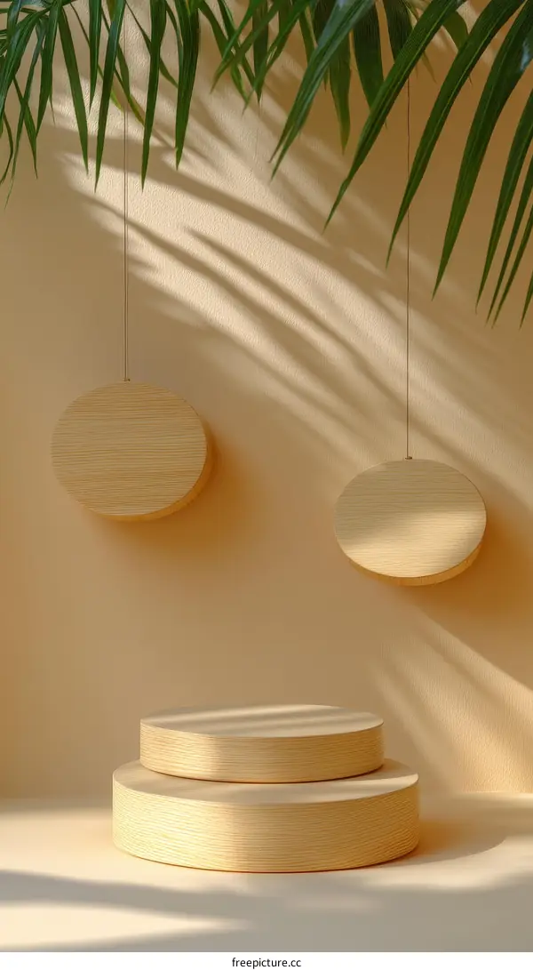 Natural Wood Display Podium with Palm Leaf Shadows