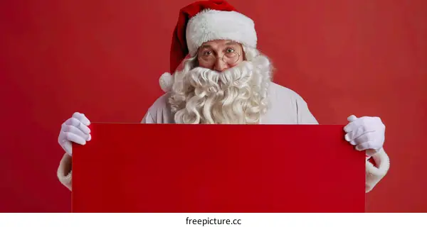 Santa Claus holding a blank red sign with a serious facial expression