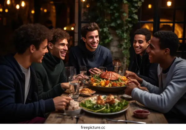 Five friends enjoying a meal together at a restaurant