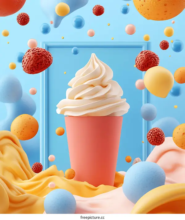 Whipped Cream in Cup with Colorful Balls and Abstract Shapes