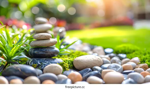Zen Garden Stones Stacked On Grass With Green Plants In The Foreground