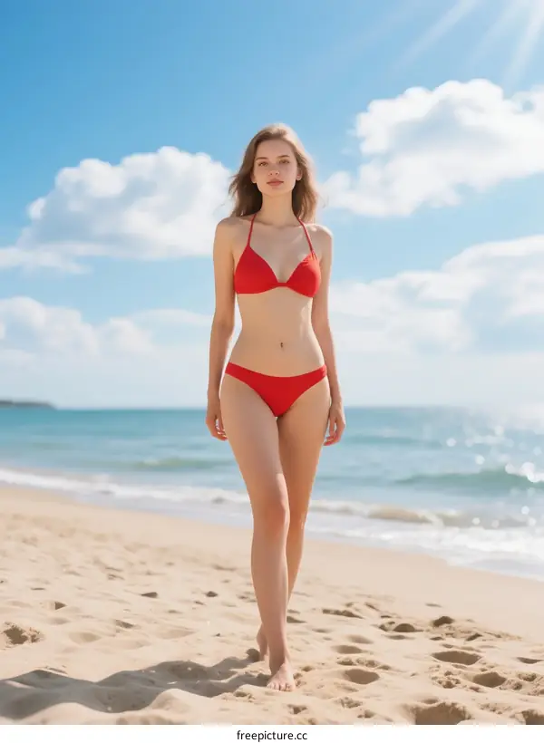A woman in red bikini walking on beach under sunny sky