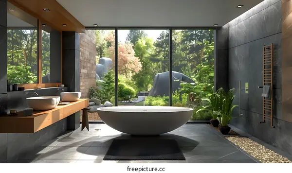 Modern Minimalist Bathroom with Natural Lighting and Greenery